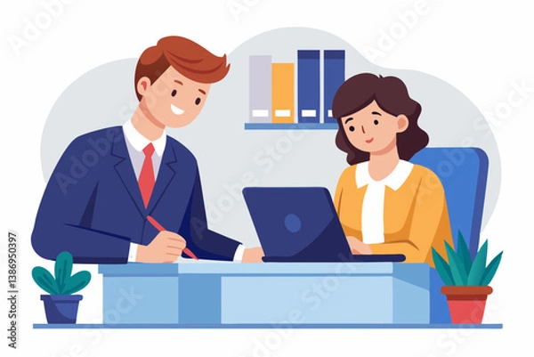 Fototapeta office a Mean and a Lady's are business partners notes desk white background  isolated vector
