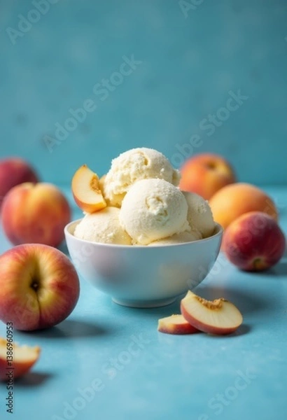 Fototapeta A bowl of peach ice cream surrounded by sliced peaches