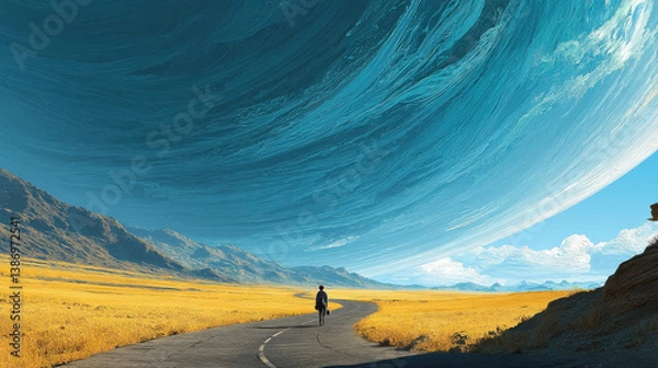 Fototapeta Dreamlike scene of a winding asphalt road transforming under the bristles of a massive brush hovering in the air, isolated traveler heading into the horizon. Surrounding is barren land with golden a