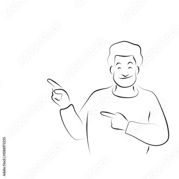 Fototapeta half length of smiling man pointing with two hands and fingers illustration vector hand drawn with black lines isolated on white background.