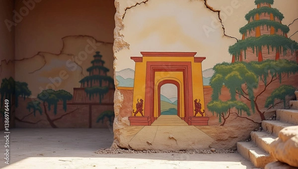 Fototapeta Cracked Ancient Wall Featuring Bright Painted Mural Of Mythical Gateway With Mountains Trees And Temple Structures Beside Weathered Stone Steps In Sunlight