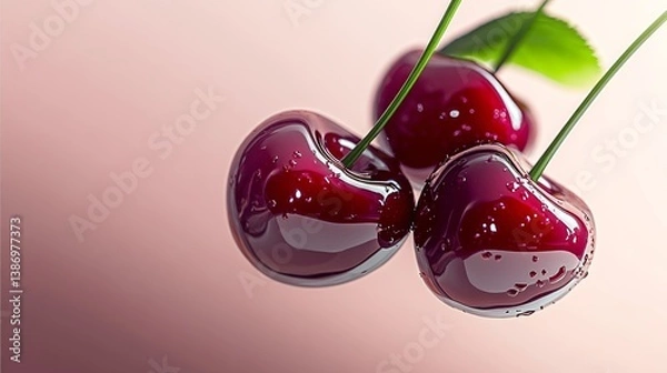 Obraz Three cherries are shown in a close up. The cherries are red and appear to be dripping with juice. The image has a warm and inviting mood, as the cherries seem to be inviting the viewer to take a bite