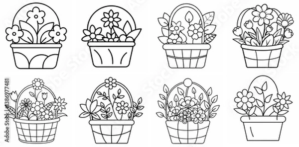 Fototapeta Basket with Flowers Outline Coloring Book Page Line Art Drawing