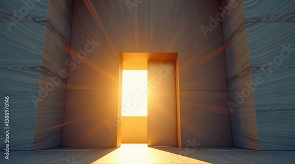 Obraz Open Door With Bright Golden Light Shining Through In Minimal Modern Interior Symbolizing Hope Opportunity And New Beginnings In Abstract Space