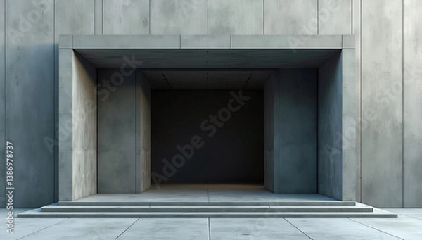 Obraz Symmetrical Concrete Entryway With Wide Recessed Passage And Low Steps Framed By Large Smooth Panel Walls In Monochrome Palette