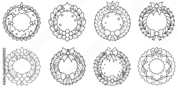 Fototapeta Decorated Wreath – Outline Coloring Book Line Art Set