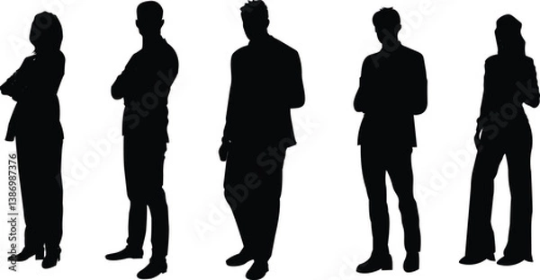 Fototapeta Business men and women silhouettes in different style standing pose for their office work, meeting, consulting. Vector illustration on white background. 