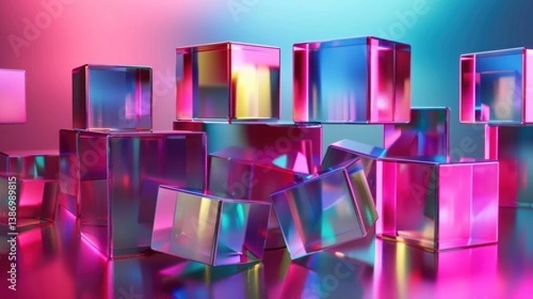 Fototapeta 3d rendering Cubic holographic geometric shapes with glossy metallic reflection background