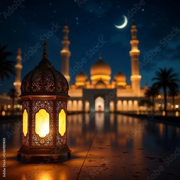 Fototapeta Islamic Lantern with Glowing Light in Front of Mosque at Night – Crescent Moon, Minarets, and Ramadan Ambience