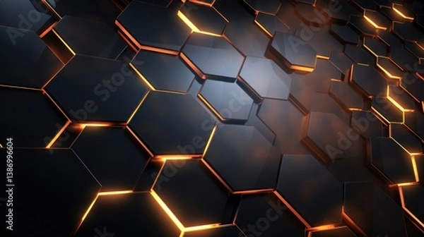 Fototapeta 3D Rendering of abstract hexagon metal texture with golden light background