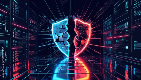 Obraz Shattered firewall with fragmented data and neon light reflections, cyber vulnerability concept