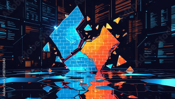 Obraz Shattered firewall with fragmented data and neon light reflections, cyber vulnerability concept