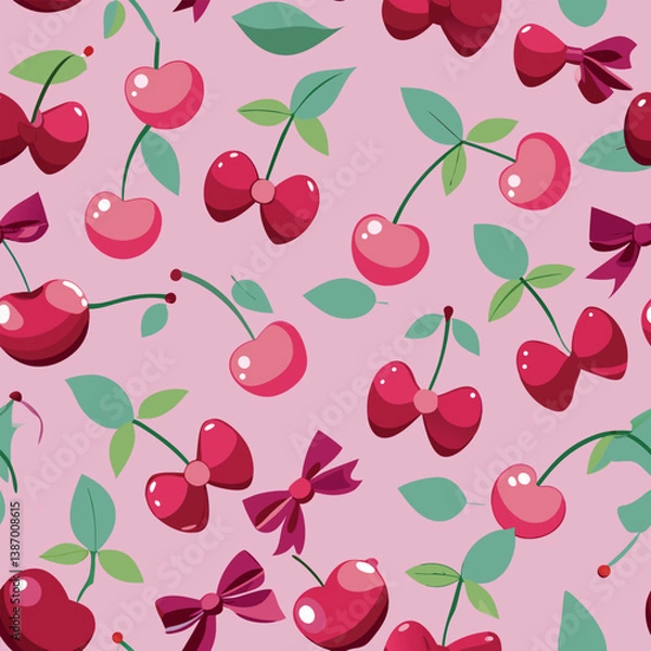Obraz Colorful cherry and bow pattern on a pink background creating a vibrant and cheerful design suitable for various projects Generative AI