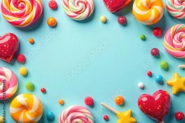 Fototapeta A Delightful Arrangement of Colorful Swirled Lollipops and Assorted Candies on a Light Blue Background