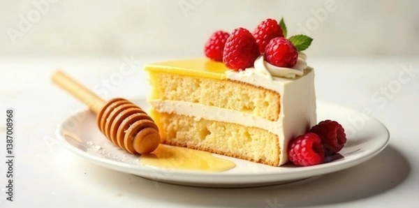 Fototapeta A delectable slice of lemon cake, layered with creamy frosting and adorned with fresh raspberries, sits on a plate; a honey dipper rests nearby, adding a touch of sweetness to the scene.