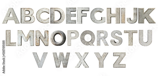 Fototapeta Concrete alphabet letters building multilingual words, standing on transparent surface, supporting graphic design creativity