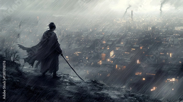 Fototapeta Silhouette of a Figure in a Cape Standing on a Hilltop Overlooking a Rain-Swept Industrial City at Night