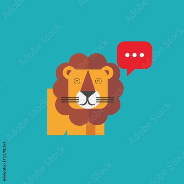 Fototapeta Cute Geometric Lion with Speech Bubble in Flat Style ,  Ideal for children’s content, educational materials, storybooks, animal-themed products, and graphic design projects.