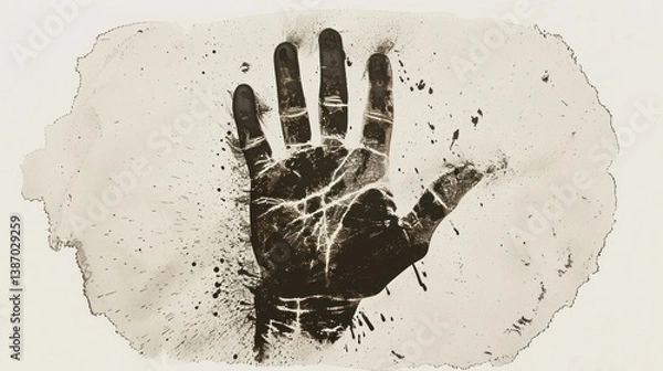 Fototapeta A grunge human hand print made from black ink color on white paper background. Generated AI