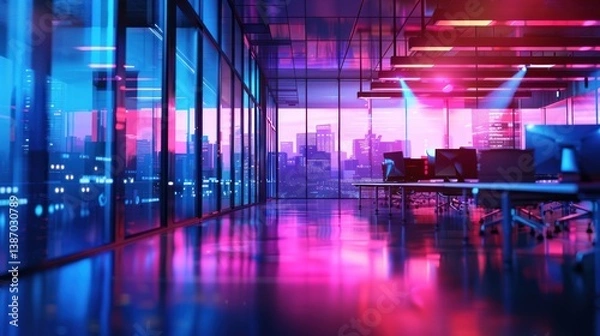 Fototapeta Office interior open space with blurred panoramic window in colorful neon scene. AI generated image