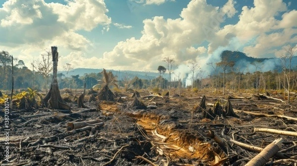 Fototapeta A Forest destruction and deforestation damage condition view. AI generated image