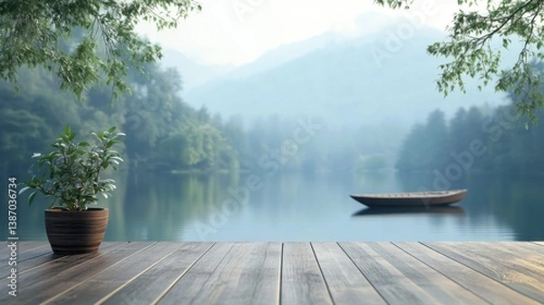 Fototapeta Empty podium in a peaceful lakeside setting, with a romantic boat drifting by in the background 