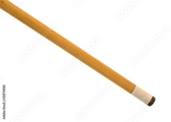 Obraz Old pool cue end atop a white background.