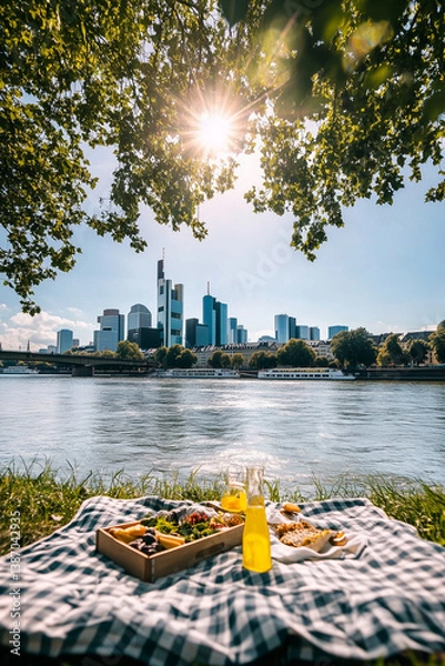 Obraz Bottle of beer and a tray of food are on a blanket by a river