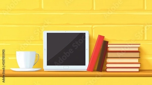 Fototapeta Modern Workspace with Tablet, Books, and Cup on Bright Yellow Wall
