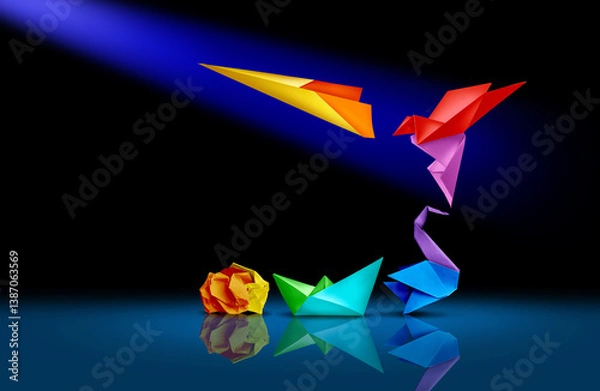 Obraz Transform And Succeed or Transformation And Success changing and growing for business leadership and change metaphor with innovation and creativity as paper transforming into a jet airplane.