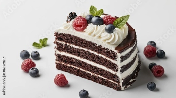 Obraz A rich chocolate cake with berries and whipped cream. Featuring sweetness and indulgence