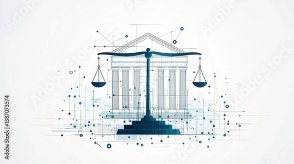 Obraz A modern illustration of a courthouse with a scale of justice, symbolizing law, balance, and the legal system in a digital context.