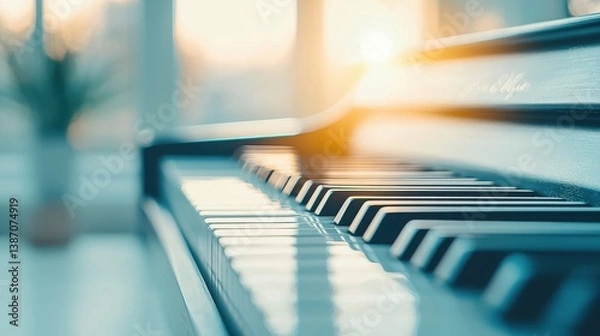 Fototapeta A close-up view of a piano keyboard, bathed in soft natural light, highlighting the elegant design and inviting atmosphere.