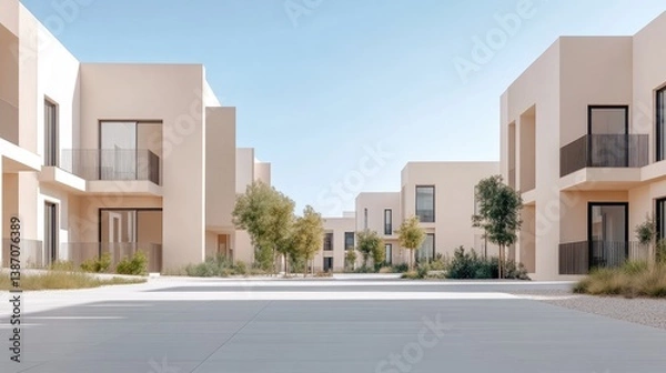 Obraz Modern beige residential buildings arranged in a courtyard style, with landscaping and a paved walkway