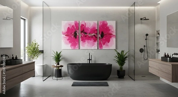 Fototapeta Pink Floral Triptych in Modern Bathroom Interior Design AI Generated