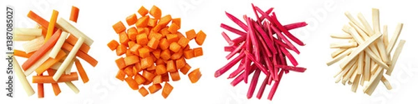 Fototapeta Sliced and diced colorful root vegetables carrots, beets and parsnips.
