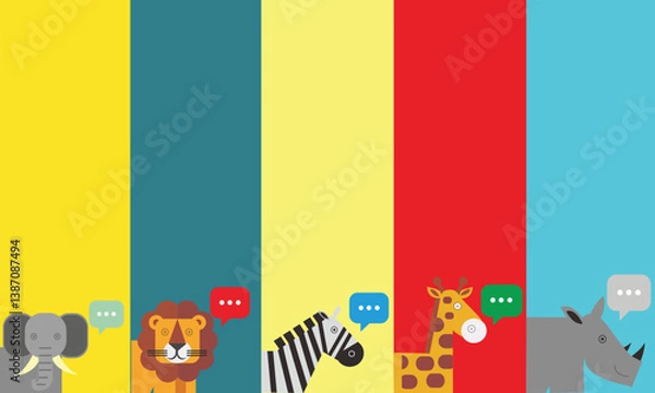 Fototapeta A colorful set of 5 cute safari animal head illustrations in a fun geometric style. Perfect for kids’ projects, wall art, classroom materials, and more.