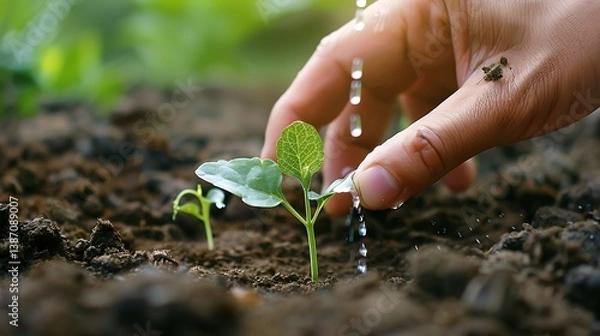 Fototapeta planting a  small plant in the field