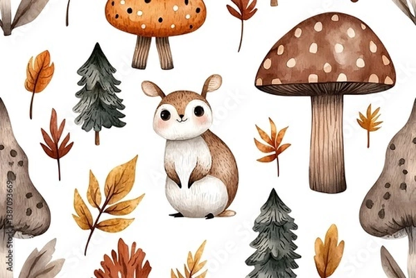 Obraz Cute woodland creatures and mushrooms in a whimsical pattern design
