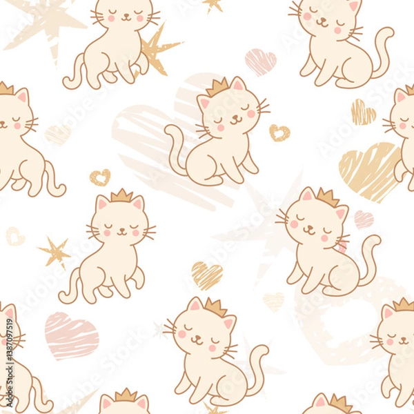 Fototapeta Seamless pattern with cute cats in the crown, with glitter. Pattern for girls, for textiles, children's clothing, overprint paper, prints.