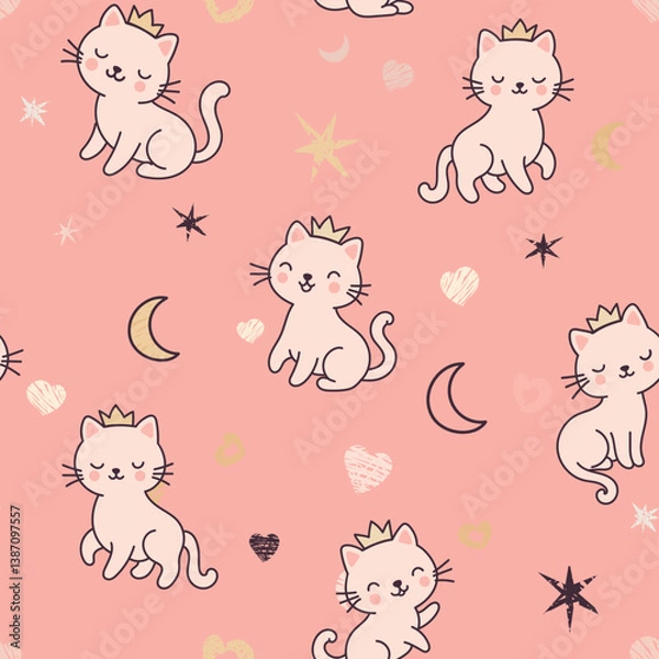 Fototapeta Seamless pattern with cute cats in the crown, with glitter. Pattern for girls, for textiles, children's clothing, overprint paper, prints.