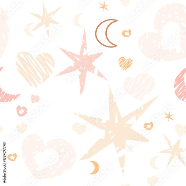 Fototapeta seamless pattern pastel-colored hearts, stars, moons, and abstract scribble elements