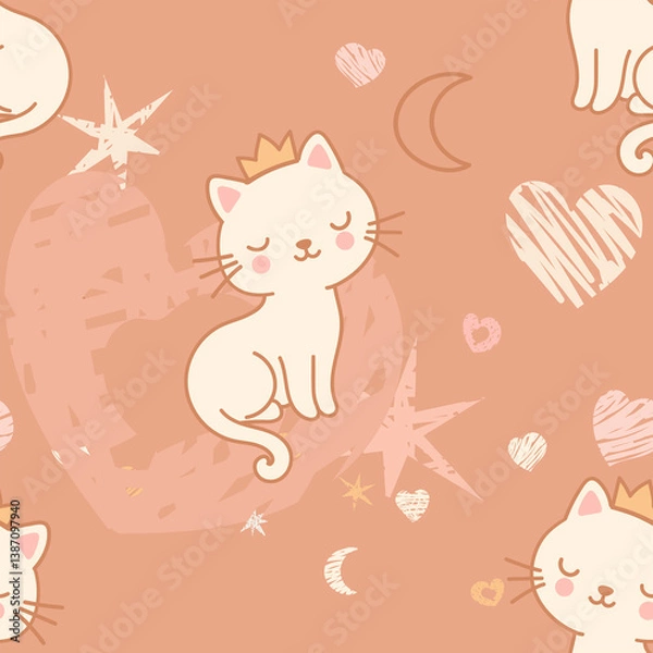 Fototapeta A seamless pattern featuring adorable  kittens wearing cute little crowns, surrounded by pastel-colored hearts, stars, moons, and abstract scribble elements on a soft  beige background.
