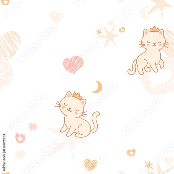 Fototapeta A seamless pattern featuring adorable kittens wearing cute little crowns, surrounded by pastel-colored hearts, stars, moons, and abstract scribble elements on a soft background.