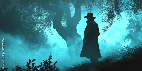 Fototapeta Mysterious figure in long coat and hat stands in a misty, ethereal forest. Eerie, atmospheric image perfect for mystery, thriller, or fantasy themes.