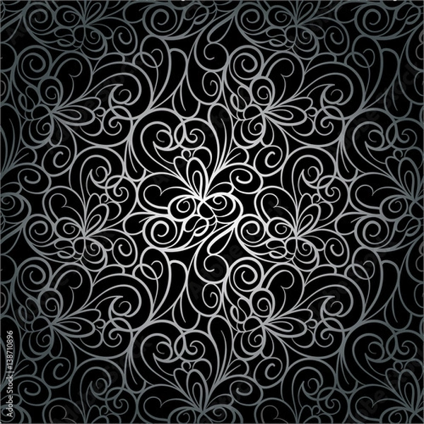 Fototapeta Abstract retro luxury seamless swirl background pattern in vector. Silver lace endless texture.