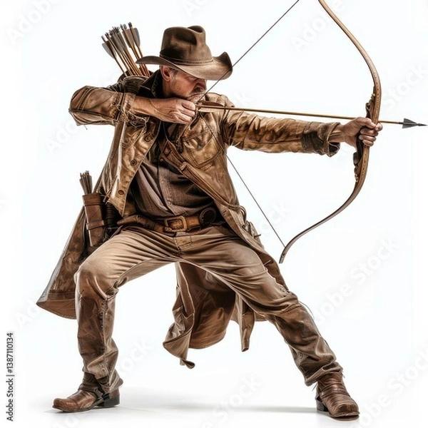 Fototapeta Archer in Brown Coat Drawing Bow with Intense Focus