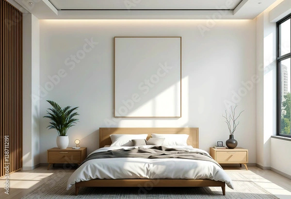 Obraz Minimalist bedroom interior with large blank white poster on white wall. 3D Rendering
