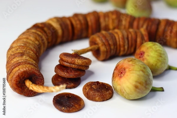 Obraz Dried and fresh figs on a white background, highlighting their color and texture