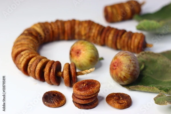Obraz Dried and fresh figs on a white background, highlighting their color and texture